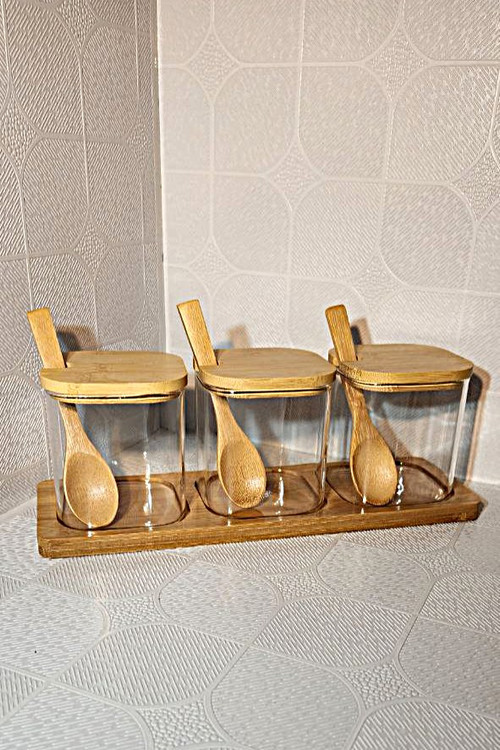 خرید جا ادویه مربع سه تایی پیرکس درجه یک با درب و قاشق و زیره بامبو