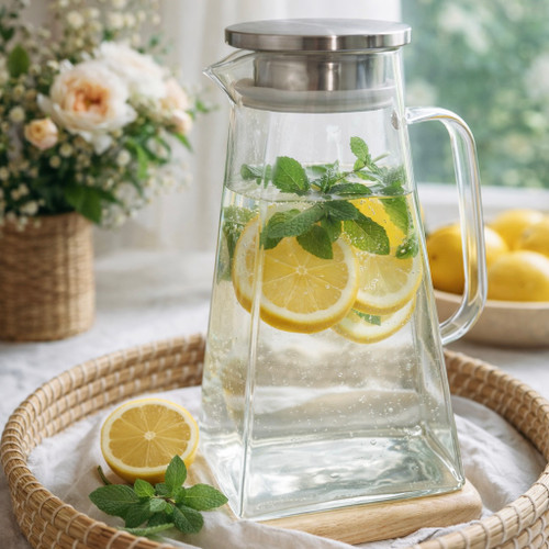 پارچ پیرکس مربع با درب استیل | پارچ پیرکس درب استیل ۱۲۵۰ میل